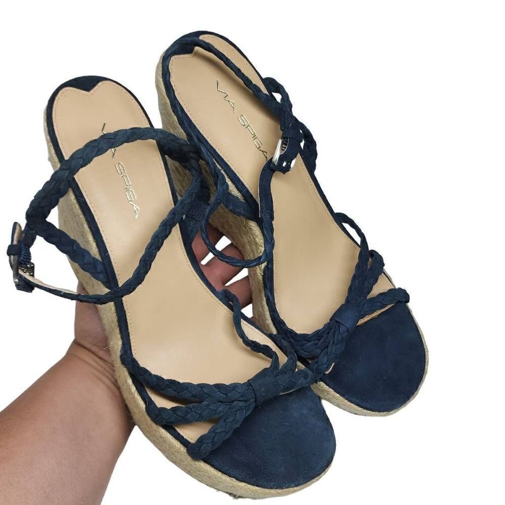 Via Spiga Women's Cobalt Blue Suede Platform Espadrille Wedge Sandals Size 10